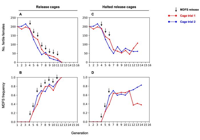 Figure 2. Cage trial dynamics showing MDFS allele frequency and fertile female numbers across...