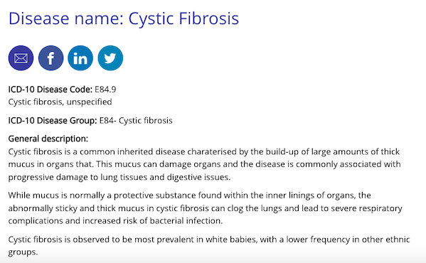 Example of disease record for cystic fibrosis. ICD = International Classification of Diseases.