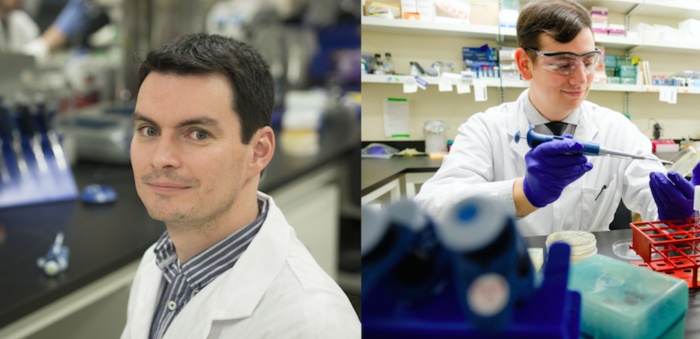 Dr Kevin Neil (right) is a postdoctoral researcher in the team of Dr Sébastien Rodrigue (left), a...